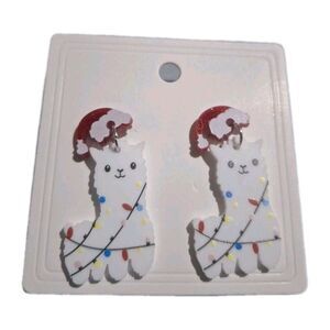 White Llama Christmas Lights Santa Hat Stud Earrings 2in Holiday New Cute Pair